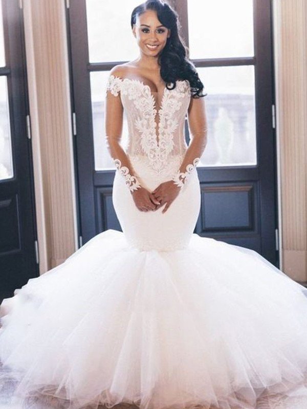 Sleeves Off-the-Shoulder Long Applique Tulle Trumpet/Mermaid Floor-Length Wedding Dresses