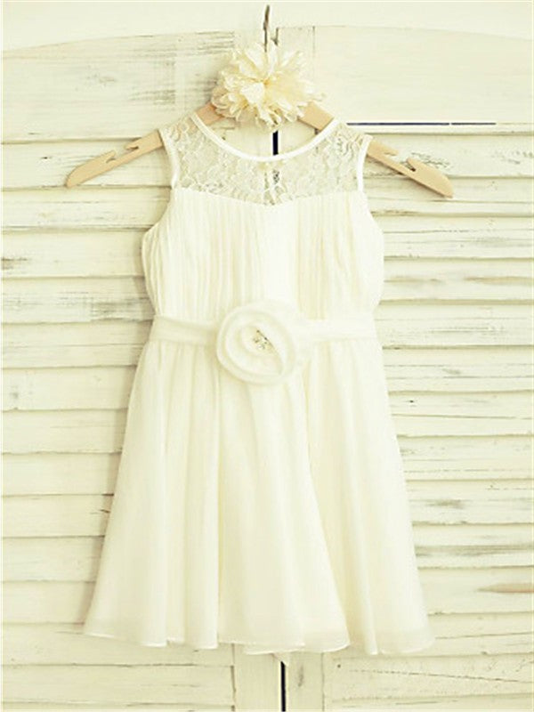 Chiffon Tea-Length Hand-made Sleeveless Scoop A-line/Princess Flower Flower Girl Dresses