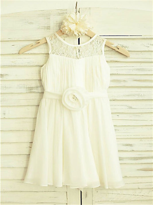 Chiffon Tea-Length Hand-made Sleeveless Scoop A-line/Princess Flower Flower Girl Dresses