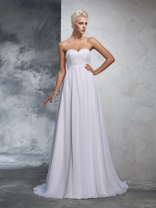 Sweetheart Sleeveless A-Line/Princess Long Beading Chiffon Wedding Dresses