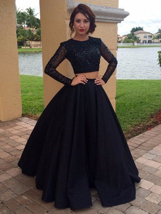 Ball Floor-Length Gown Scoop Sleeves Long Satin Beading Dresses