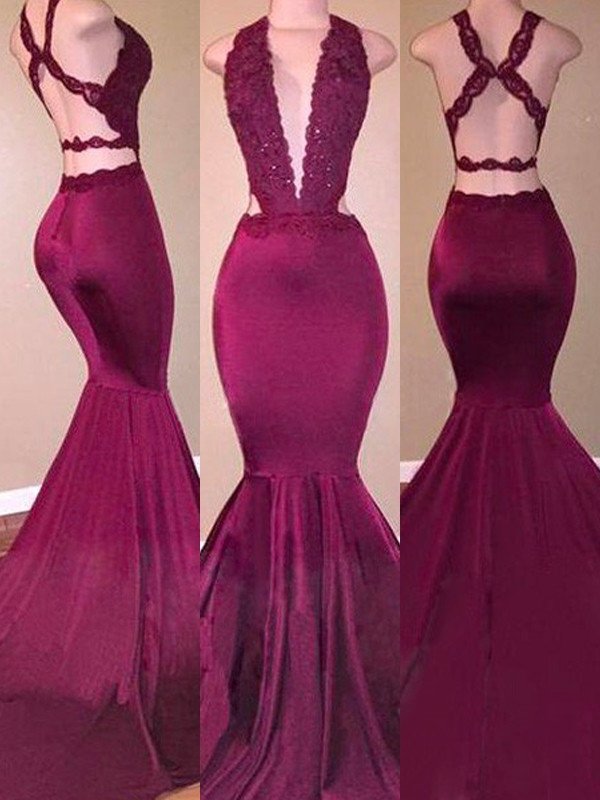 Trumpet/Mermaid V-Neck Crepe Sleeveless Stretch Applique Sweep/Brush Train Dresses