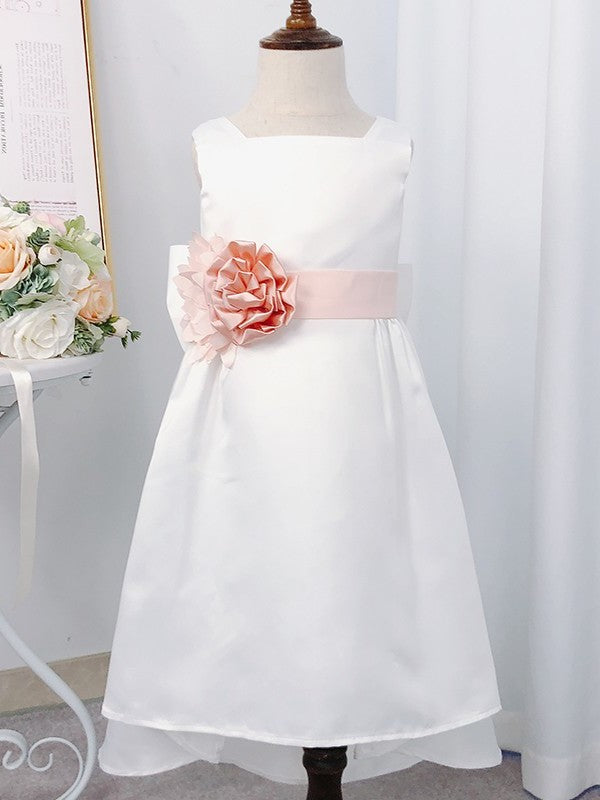 Square Tea-Length Sleeveless A-Line/Princess Flower Hand-Made Satin Flower Girl Dresses