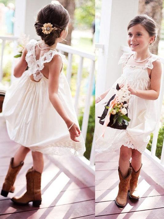 Sleeveless Square A-Line/Princess Lace Knee-Length Chiffon Flower Girl Dresses