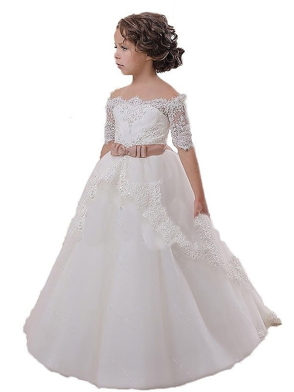 Tulle Ball Sleeves Off-the-Shoulder Short Gown Sash/Ribbon/Belt Flower Girl Dresses