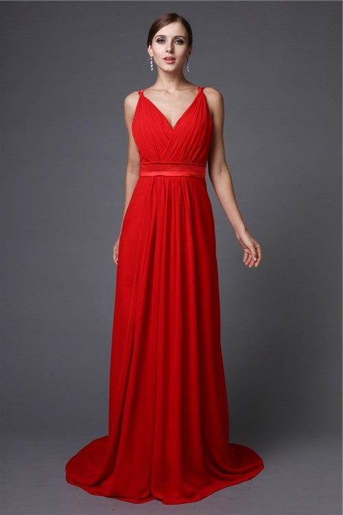 Long Ruffles A-Line/Princess Sleeveless V-neck Chiffon Bridesmaid Dresses