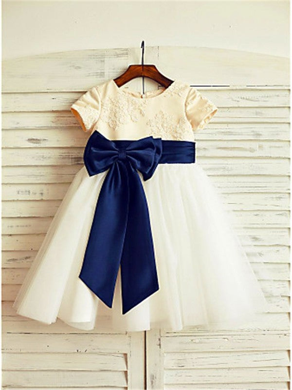 Short Tea-Length Tulle Sleeves Bowknot A-line/Princess Scoop Flower Girl Dresses