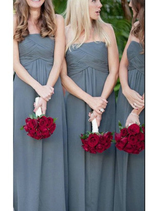 Sleeveless Ruched Floor-Length Strapless A-Line/Princess Chiffon Bridesmaid Dresses