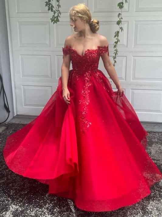 Off-the-Shoulder Tulle A-Line/Princess Applique Sleeveless Floor-Length Dresses