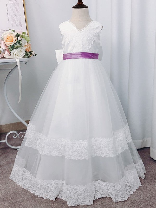 Tulle A-Line/Princess Sleeveless Lace V-neck Floor-Length Flower Girl Dresses