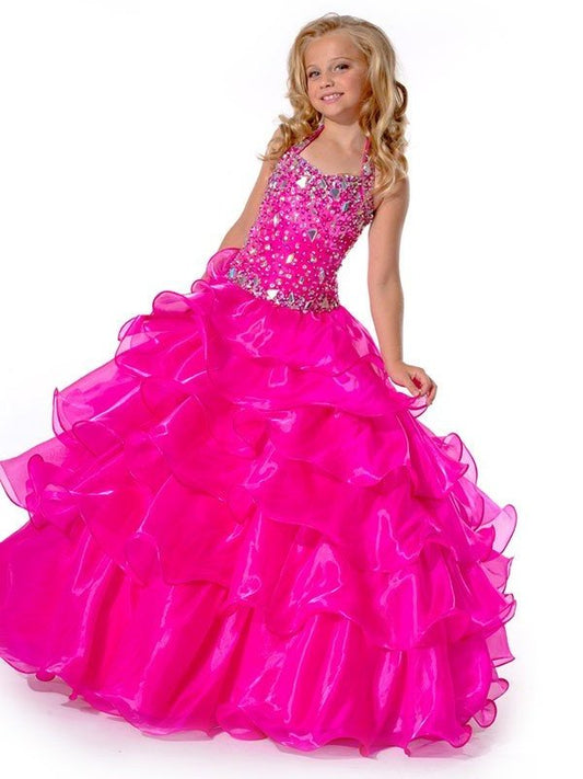 Rhinestone Sleeveless Ball Long Organza Halter Gown Flower Girl Dresses