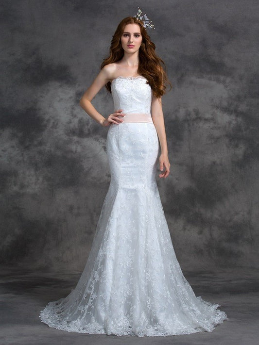 Trumpet/Mermaid Sash/Ribbon/Belt Long Sleeveless Strapless Lace Wedding Dresses