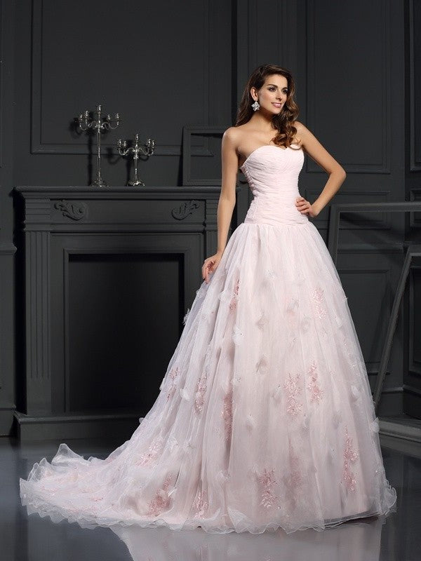 Ruffles Ball Gown Sweetheart Sleeveless Long Organza Wedding Dresses