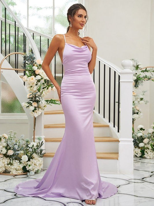 Square Ruched Sleeveless Sheath/Column Sweep/Brush Charmeuse Train Bridesmaid Dresses