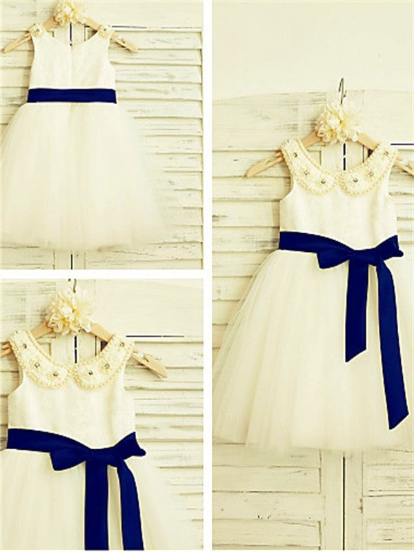 Scoop Tea-Length Bowknot A-line/Princess Sleeveless Tulle Flower Girl Dresses