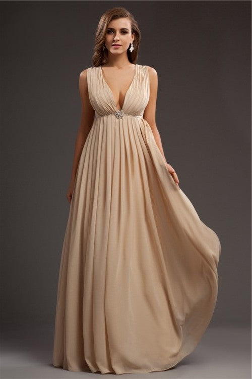 Beading Sleeveless A-Line/Princess V-neck Long Chiffon Dresses