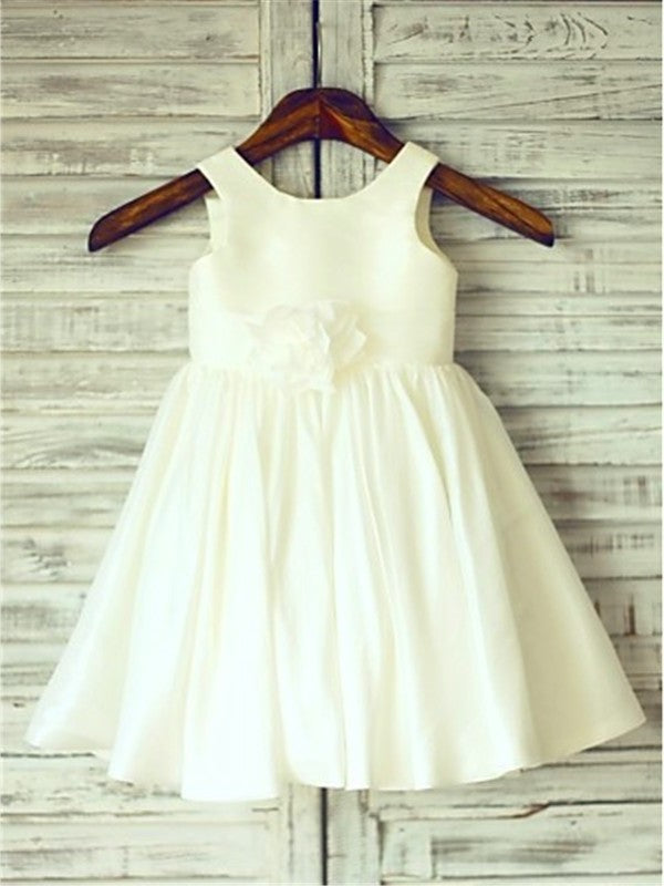 Hand-made Flower Tea-Length A-line/Princess Scoop Sleeveless Chiffon Flower Girl Dresses