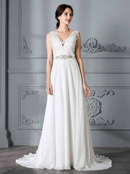 Sweep/Brush Train Sleeveless A-Line/Princess V-neck Chiffon Wedding Dresses