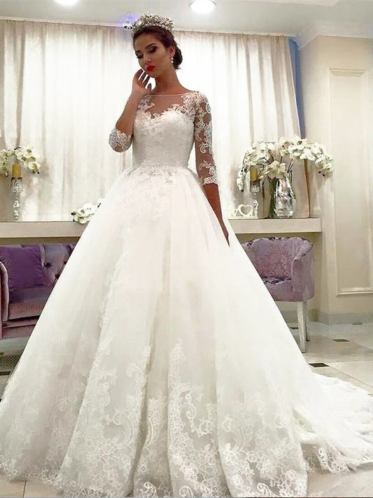 Tulle 3/4 Sleeves Ball Bateau Gown Court Lace Train Wedding Dresses