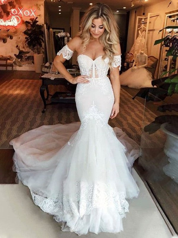 Sweetheart Sleeveless Trumpet/Mermaid Tulle Applique Sweep/Brush Train Wedding Dresses