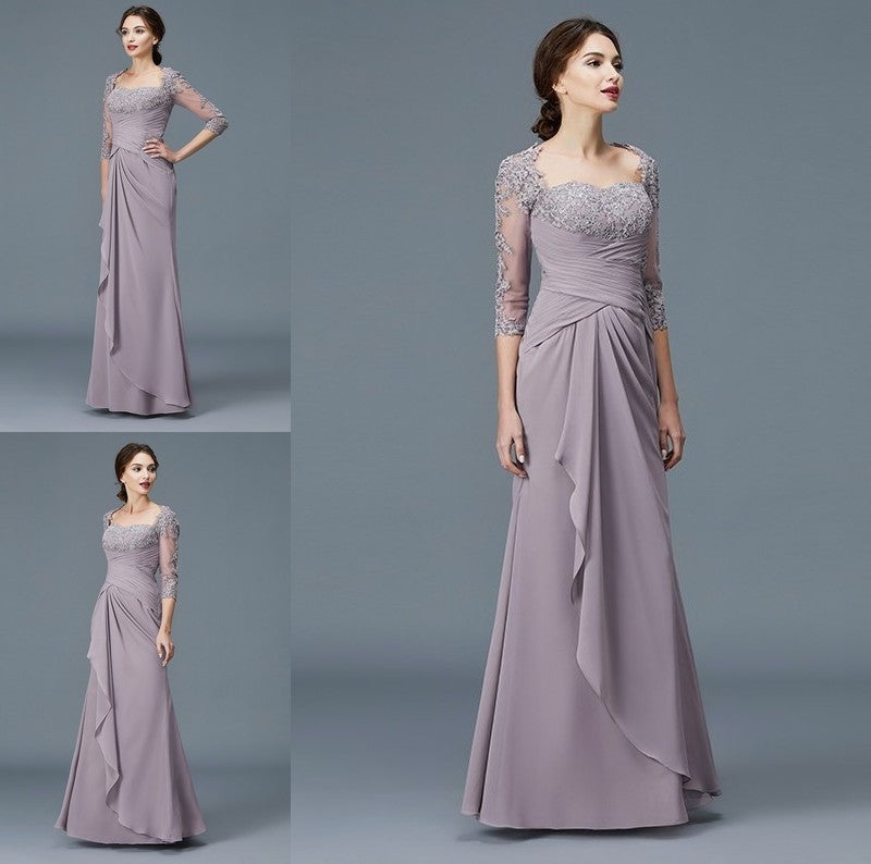 Sleeves of Sweetheart 3/4 Mother Sheath/Column Ruffles Chiffon Floor-Length the Bride Dresses