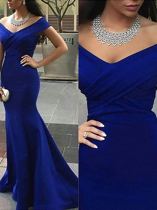 Sleeveless Off-the-Shoulder Trumpet/Mermaid Satin Sweep/Brush Train Dresses