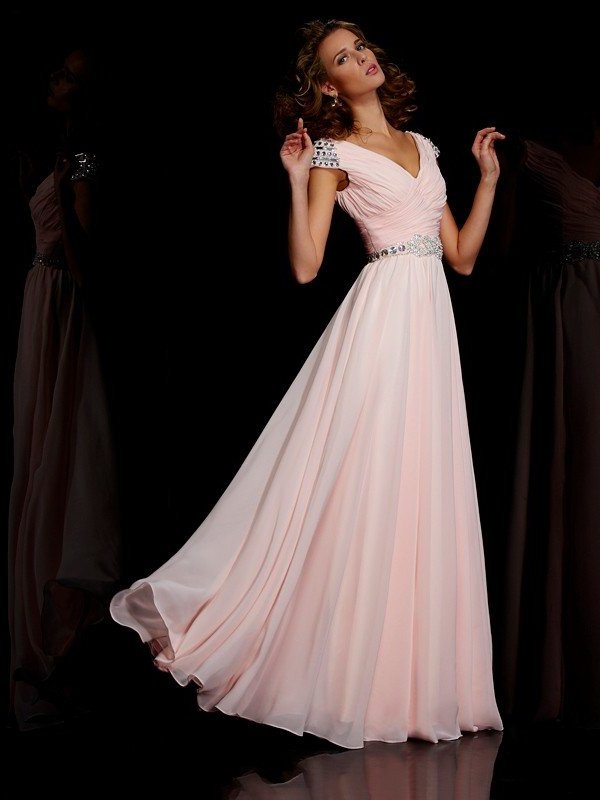 V-neck Ruffles Short Sleeves A-Line/Princess Long Chiffon Dresses