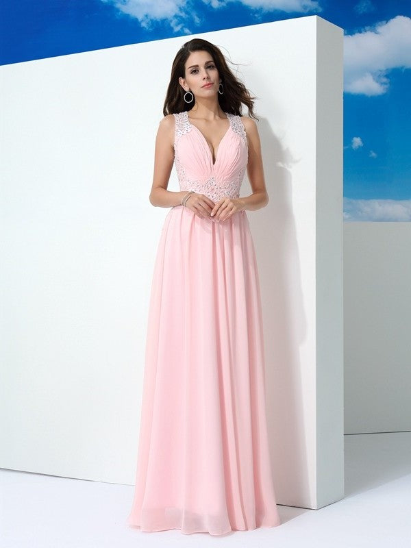 Beading A-Line/Princess Sleeveless Straps Long Chiffon Dresses