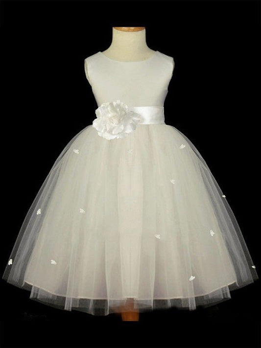 Long Hand-made A-line/Princess Scoop Flower Sleeveless Tulle Flower Girl Dresses