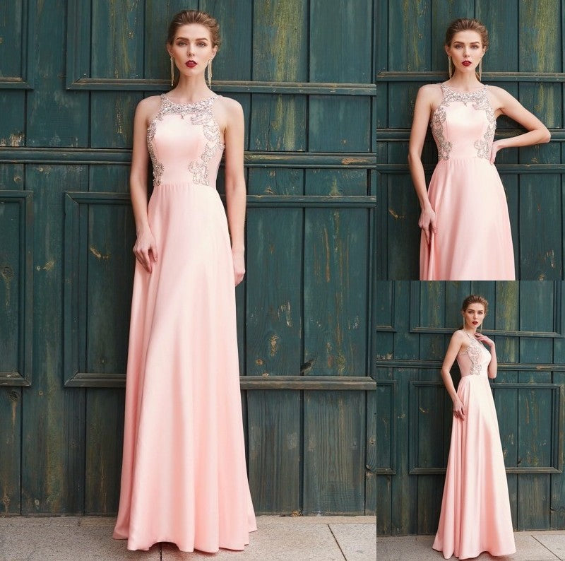 A-Line/Princess Beading Scoop Sleeveless Satin Floor-Length Dresses