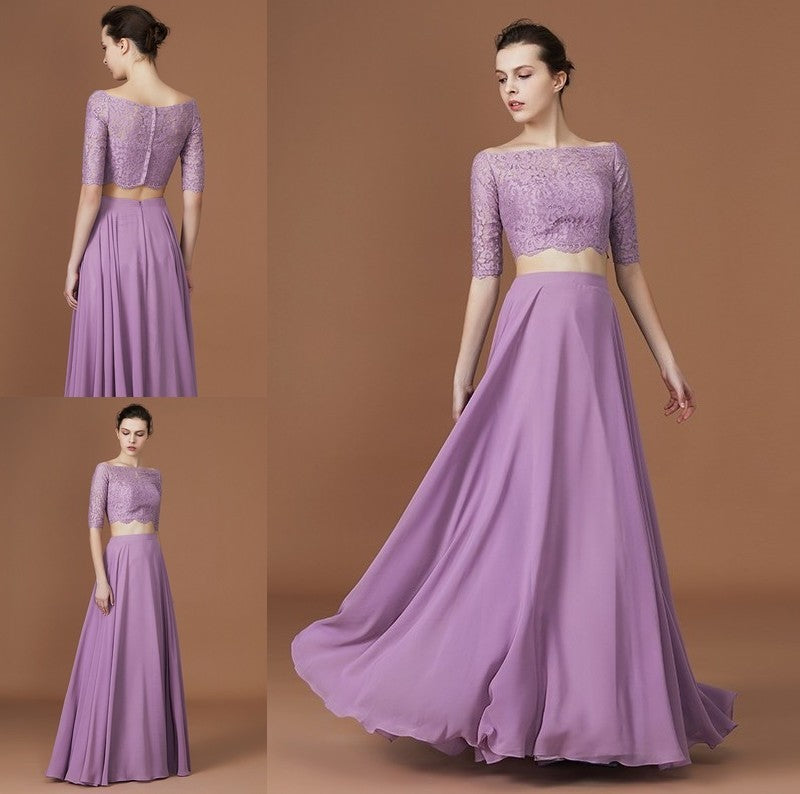 Sleeves Off-the-Shoulder Floor-Length 1/2 A-Line/Princess Lace Chiffon Bridesmaid Dress