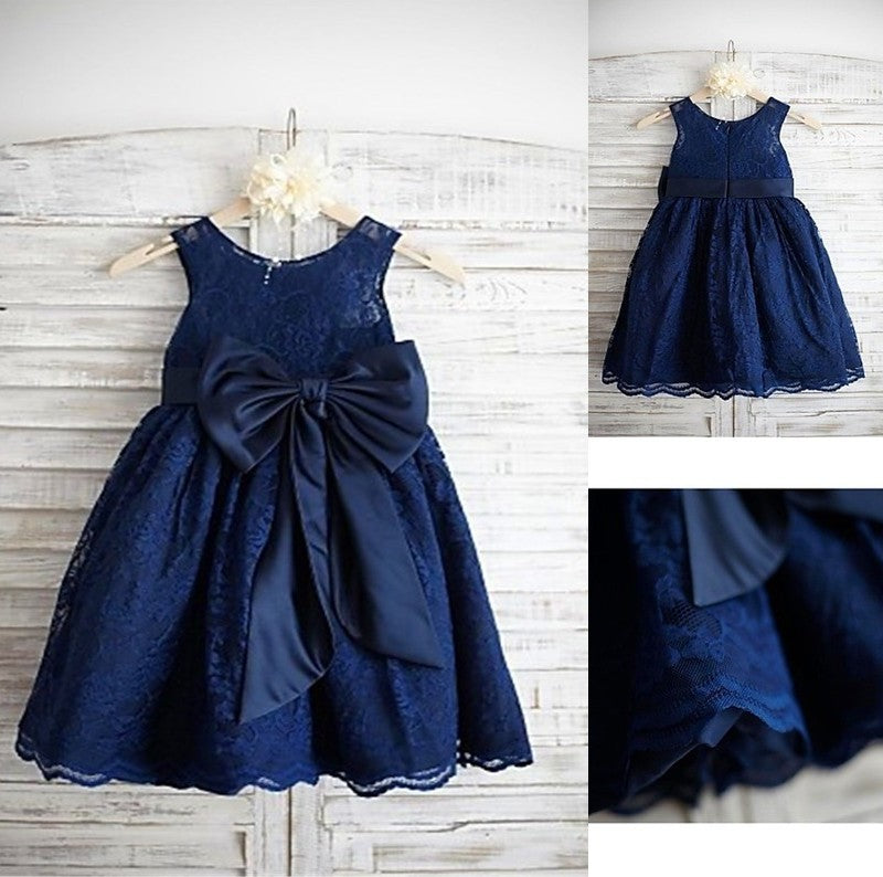 Scoop A-line/Princess Bowknot Tea-Length Lace Sleeveless Flower Girl Dresses