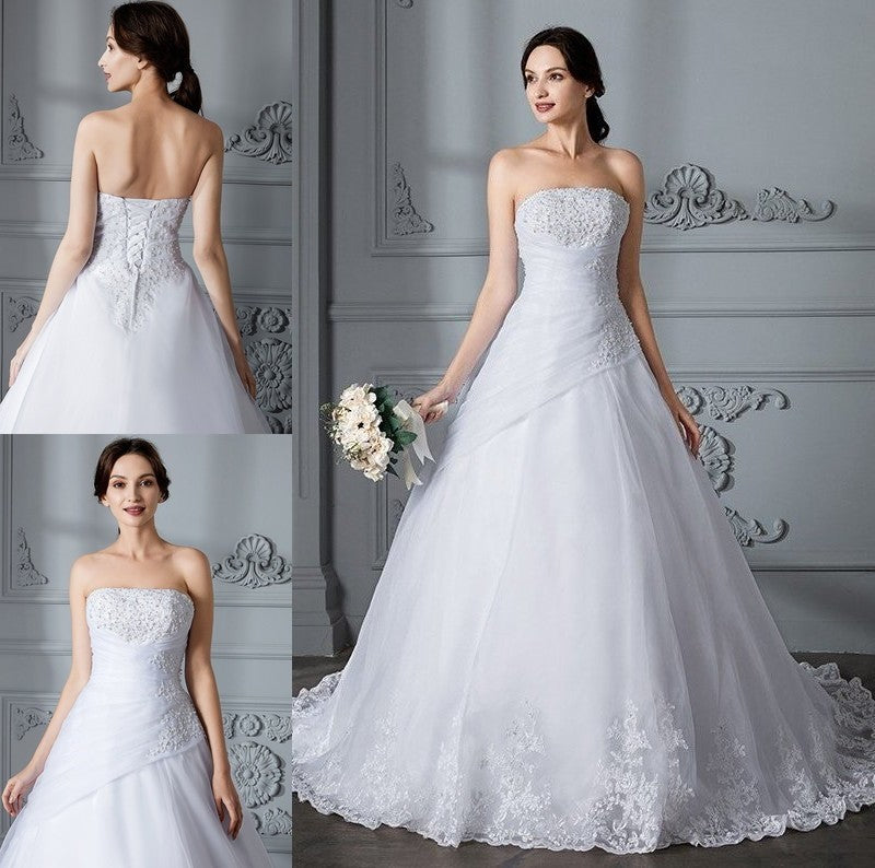 Strapless Court Sleeveless Gown Train Ball Organza Wedding Dresses