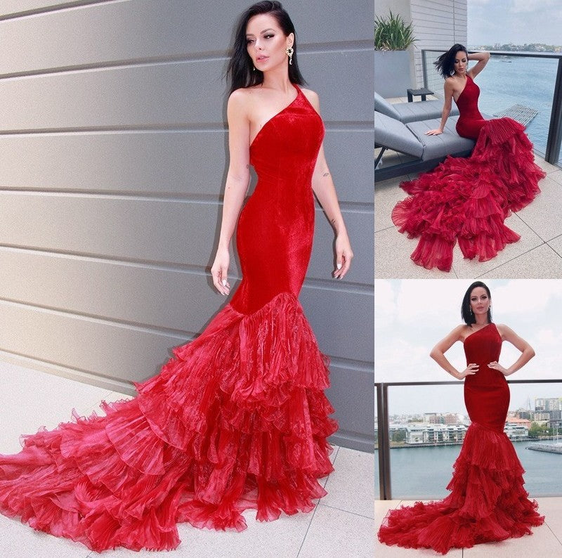 Layers Organza Trumpet/Mermaid Court One-Shoulder Train Sleeveless Dresses