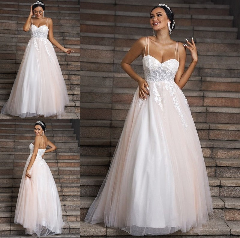 Sweep/Brush Tulle Sweetheart Applique A-Line/Princess Sleeveless Train Wedding Dresses