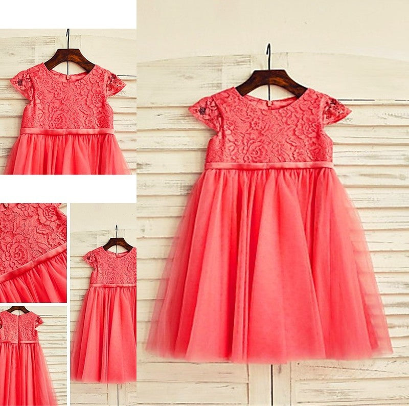 Tulle A-line/Princess Sleeves Tea-Length Scoop Lace Short Flower Girl Dresses