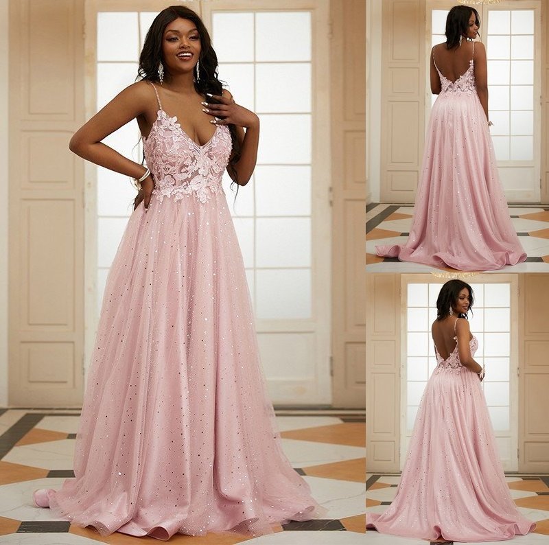 Tulle V-neck Sleeveless Applique A-Line/Princess Sweep/Brush Train Dresses