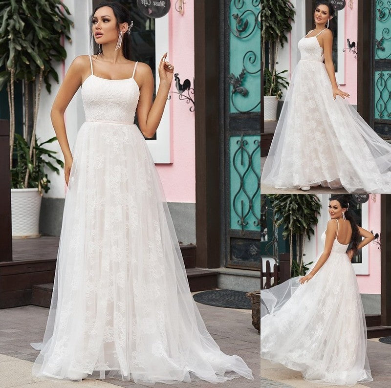 Straps Lace A-Line/Princess Sweep/Brush Sleeveless Ruffles Spaghetti Train Wedding Dresses