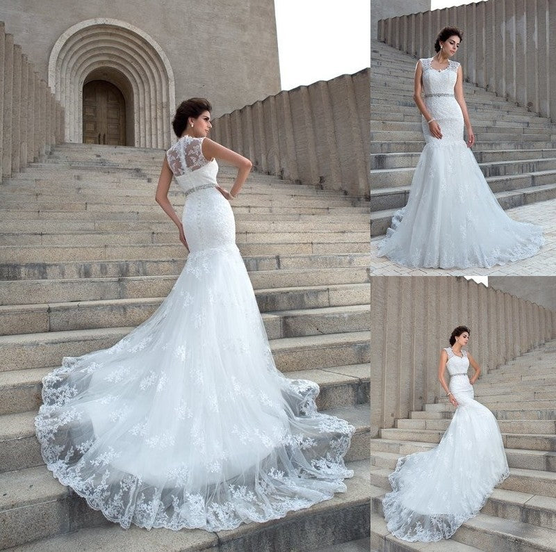 Sleeveless Long V-neck Applique Trumpet/Mermaid Lace Wedding Dresses