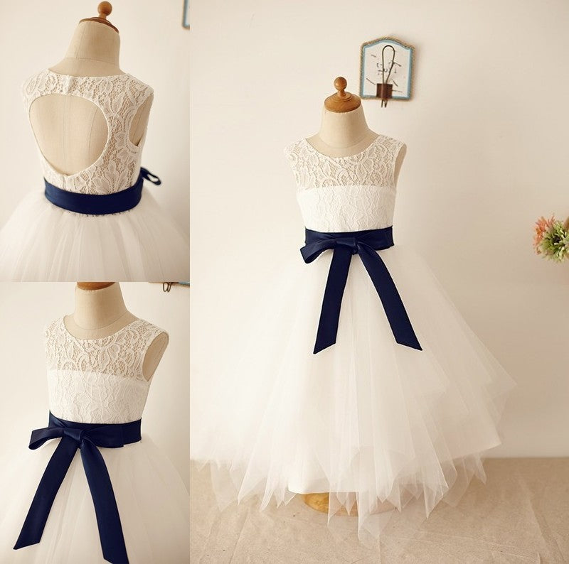 Tea-Length Sleeveless Tulle Sash/Ribbon/Belt A-Line/Princess Scoop Flower Girl Dresses