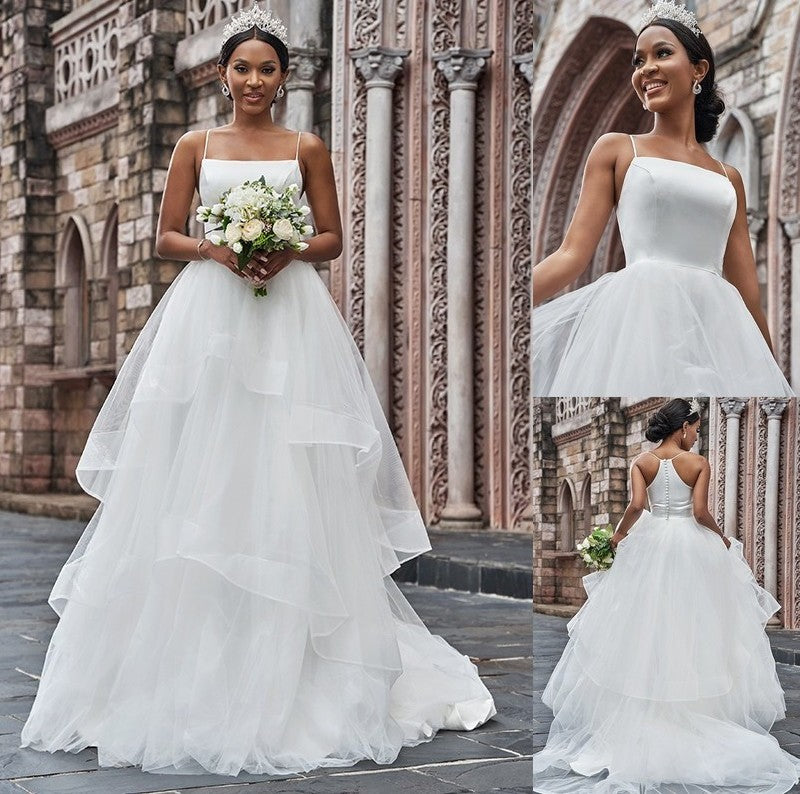 Tulle A-Line/Princess Sleeveless Straps Spaghetti Sweep/Brush Ruffles Train Wedding Dresses