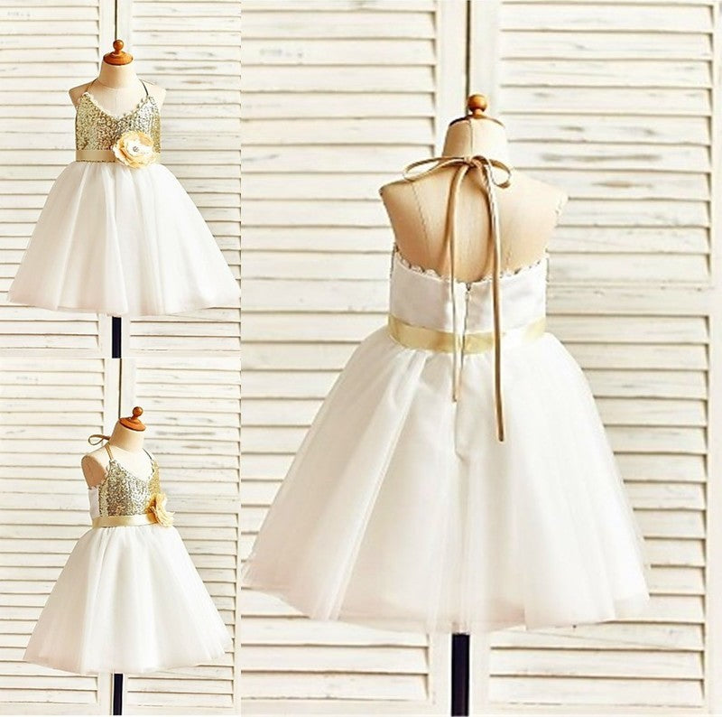 Halter Tea-Length A-line/Princess Sleeveless Sequin Tulle Flower Girl Dresses