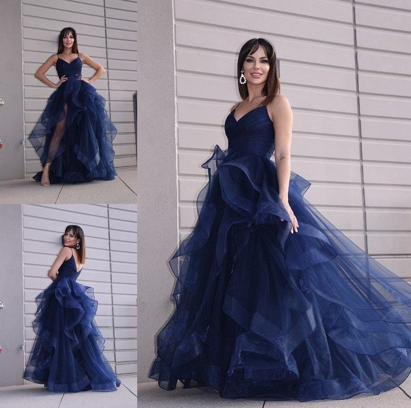 Tulle Layers V-neck A-Line/Princess Sleeveless Floor-Length Dresses