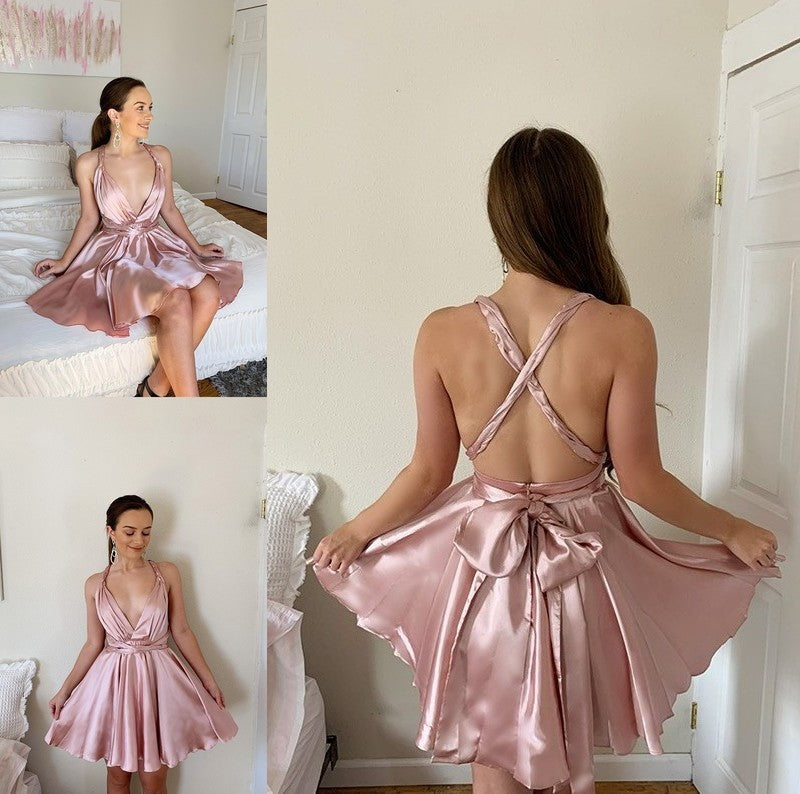 Silk Sleeveless V-neck like Ruffles Satin A-Line/Princess Short/Mini Homecoming Dresses