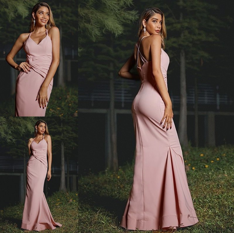 Stretch Ruched Sheath/Column Sleeveless Crepe V-neck Floor-Length Bridesmaid Dresses