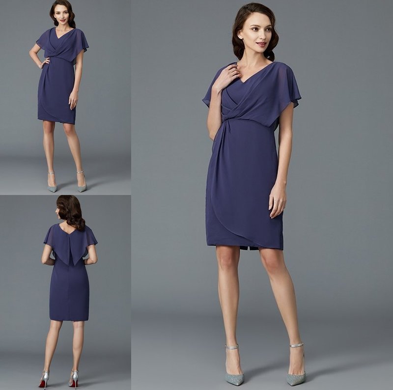 Chiffon V-neck Sleeves Short of Mother Knee-Length Sheath/Column the Bride Dresses