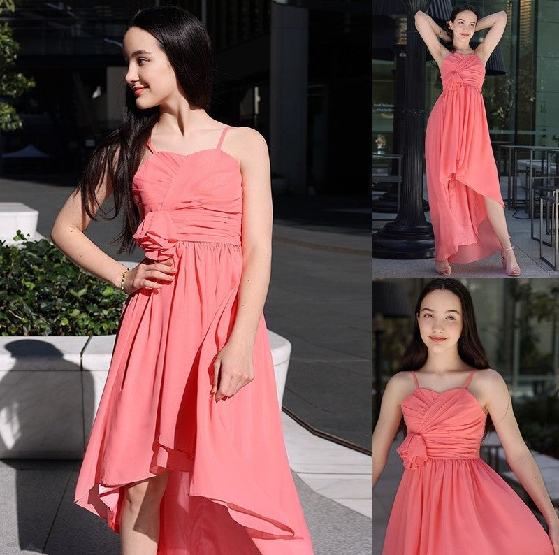 Spaghetti Ruffles Sleeveless Asymmetrical Straps Chiffon A-Line/Princess Junior/Girls Bridesmaid Dresses