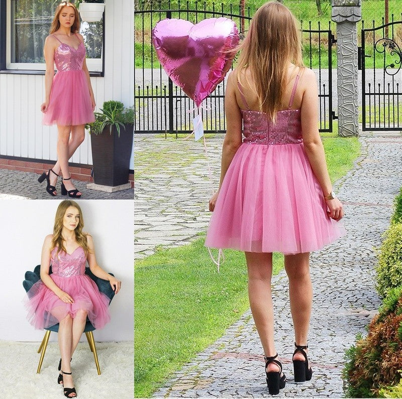 A-Line/Princess Straps Spaghetti Sequin Tulle Sleeveless Short/Mini Homecoming Dresses