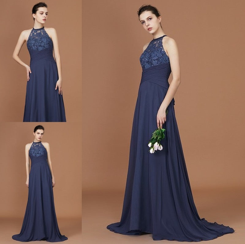 Train Sleeveless Chiffon Scoop Sweep A-Line/Princess Lace Bridesmaid Dress