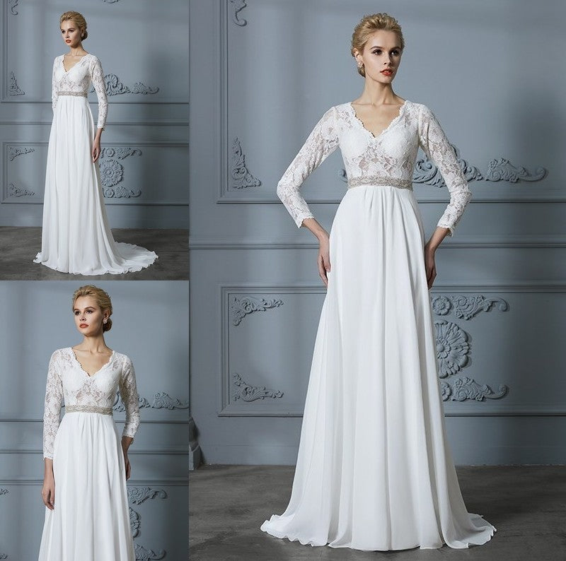 Sweep/Brush A-Line/Princess V-neck Lace Sleeves 3/4 Train Chiffon Wedding Dresses